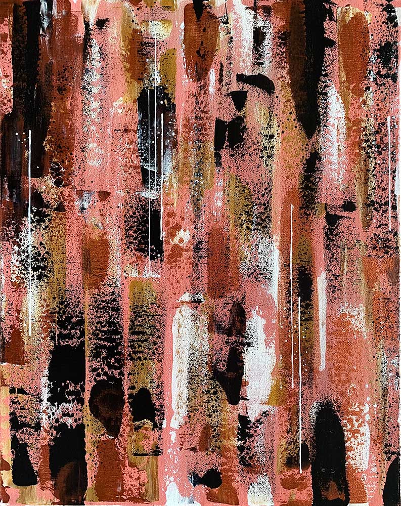 It is a painting of a fence with a lot of different colors.