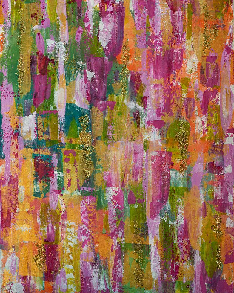 A close up of a colorful painting on a wall.