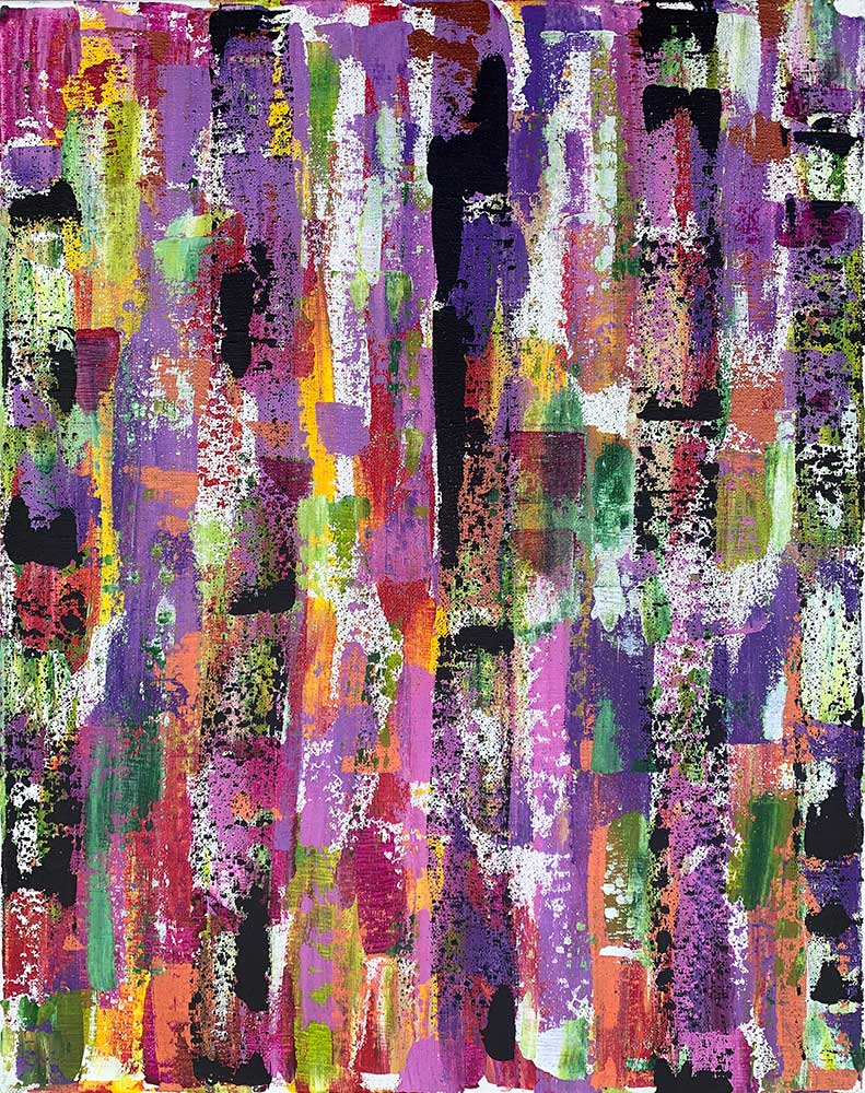 A colorful painting with purple , pink , green , and yellow.