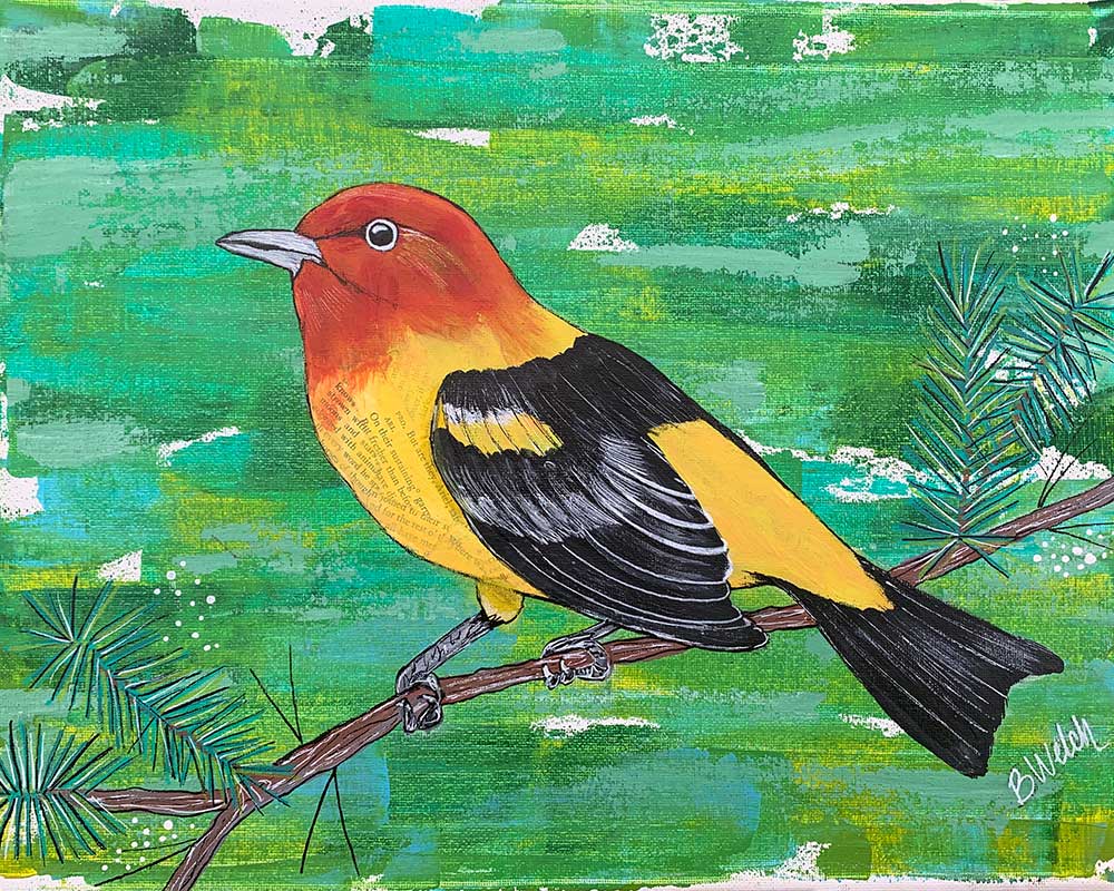 A painting of a yellow and black bird perched on a branch.