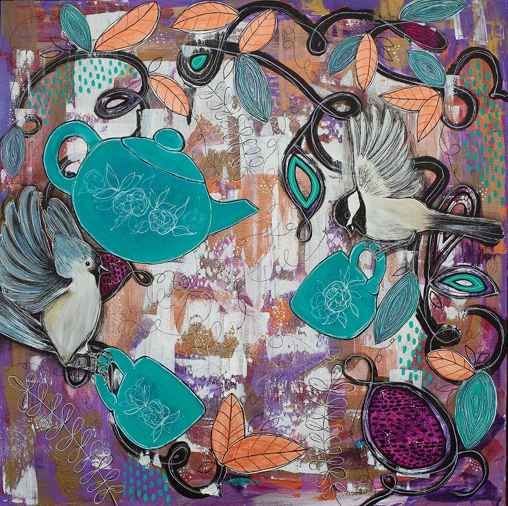 A painting of a teapot , cups , and birds on a purple background.