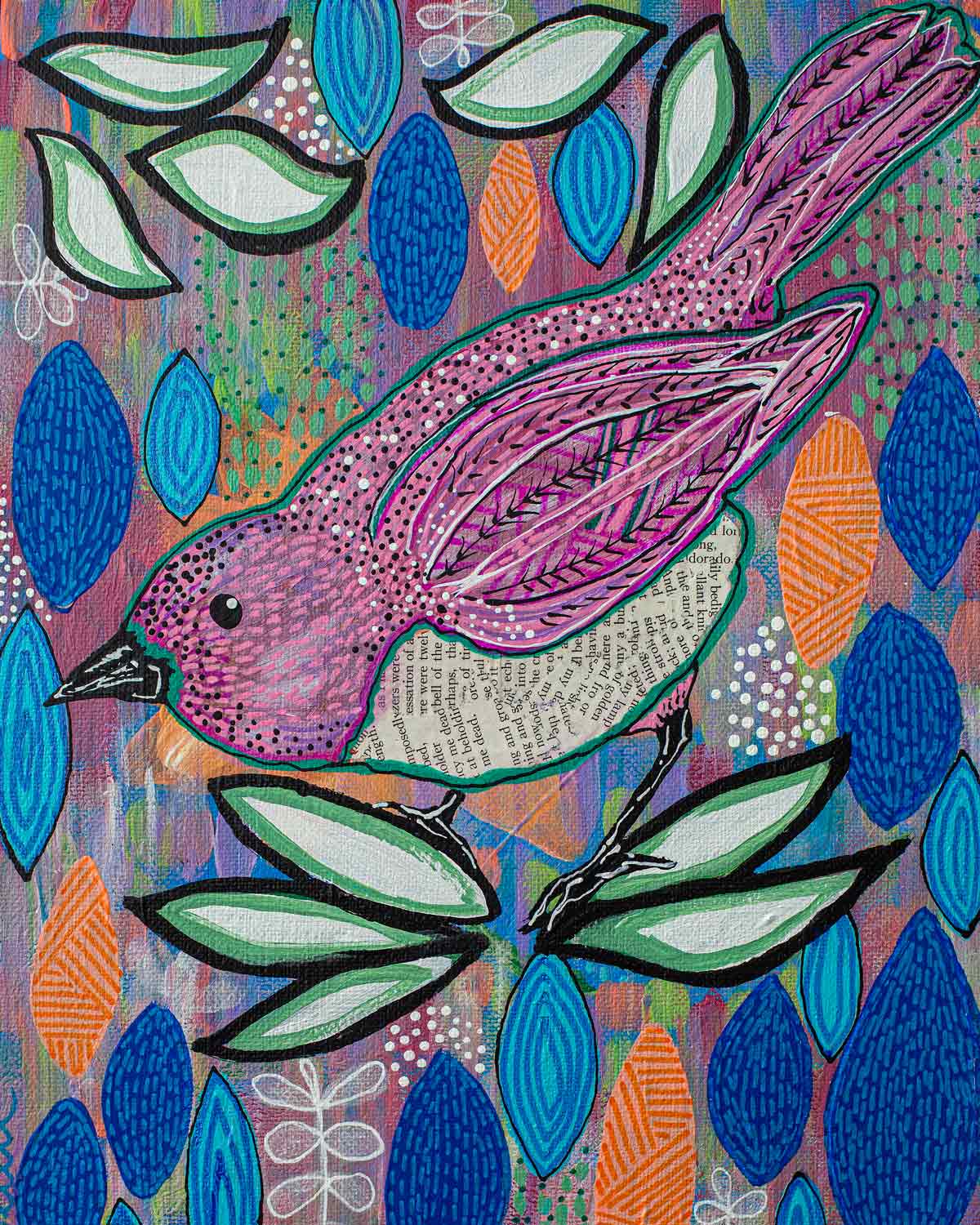 A purple bird is sitting on a branch with leaves on a colorful background.