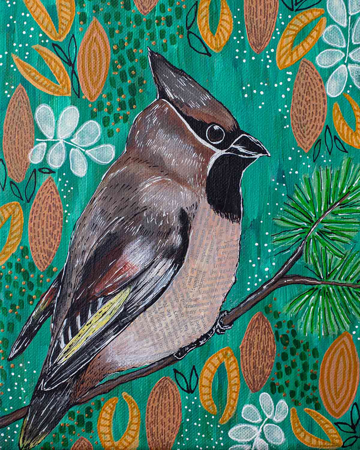 A bird is perched on a branch in a painting.