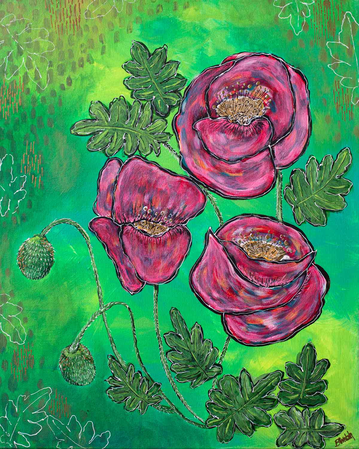 A painting of three pink flowers on a green background