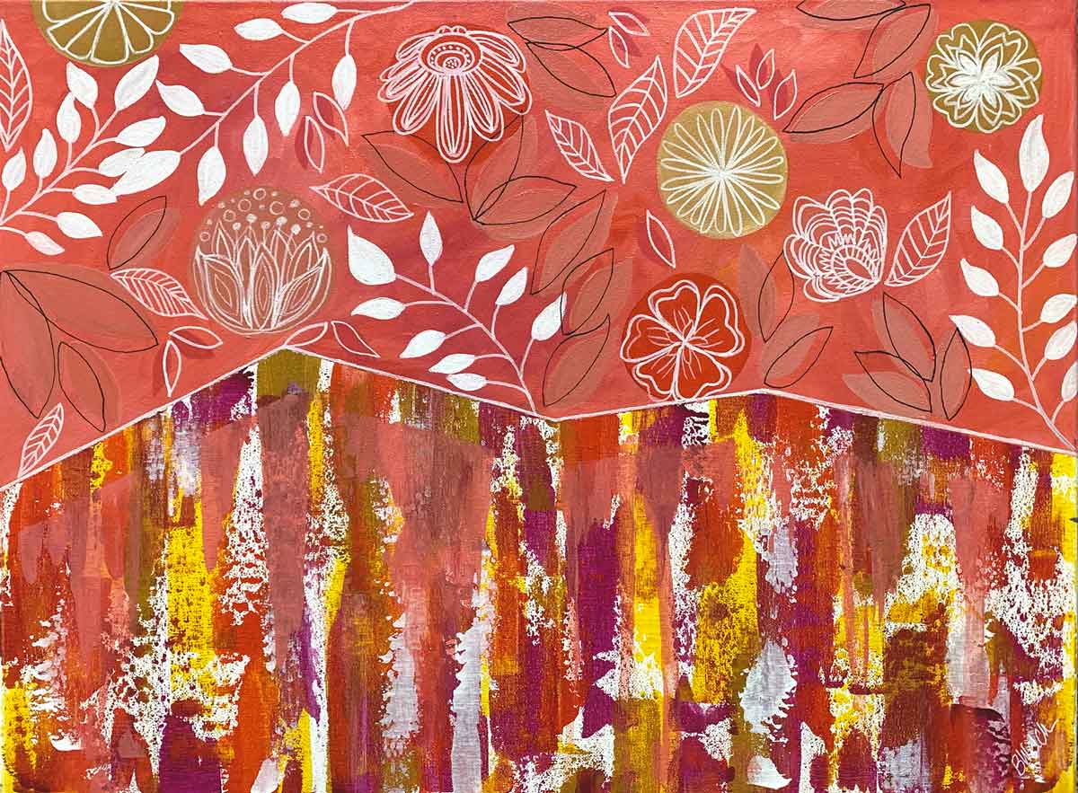 A painting of flowers and leaves on a red background