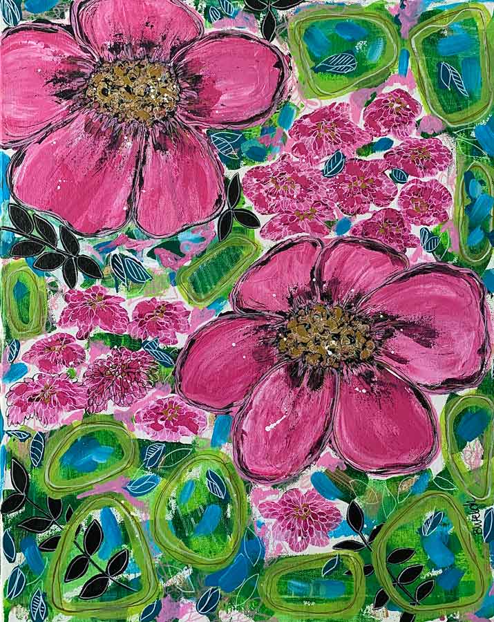 A painting of pink flowers and green leaves on a white background.
