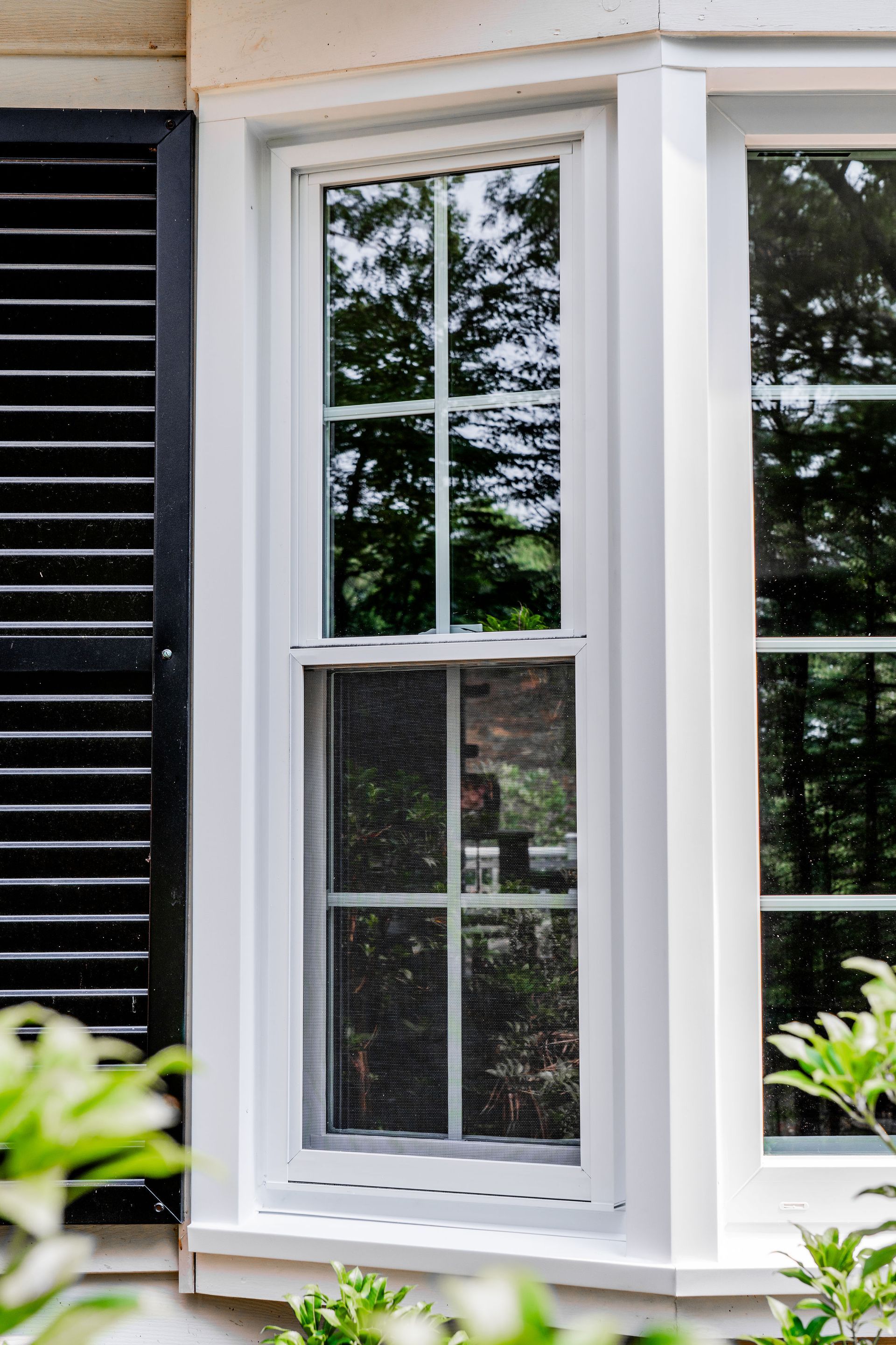 White window with black shutters; exterior view of a building.