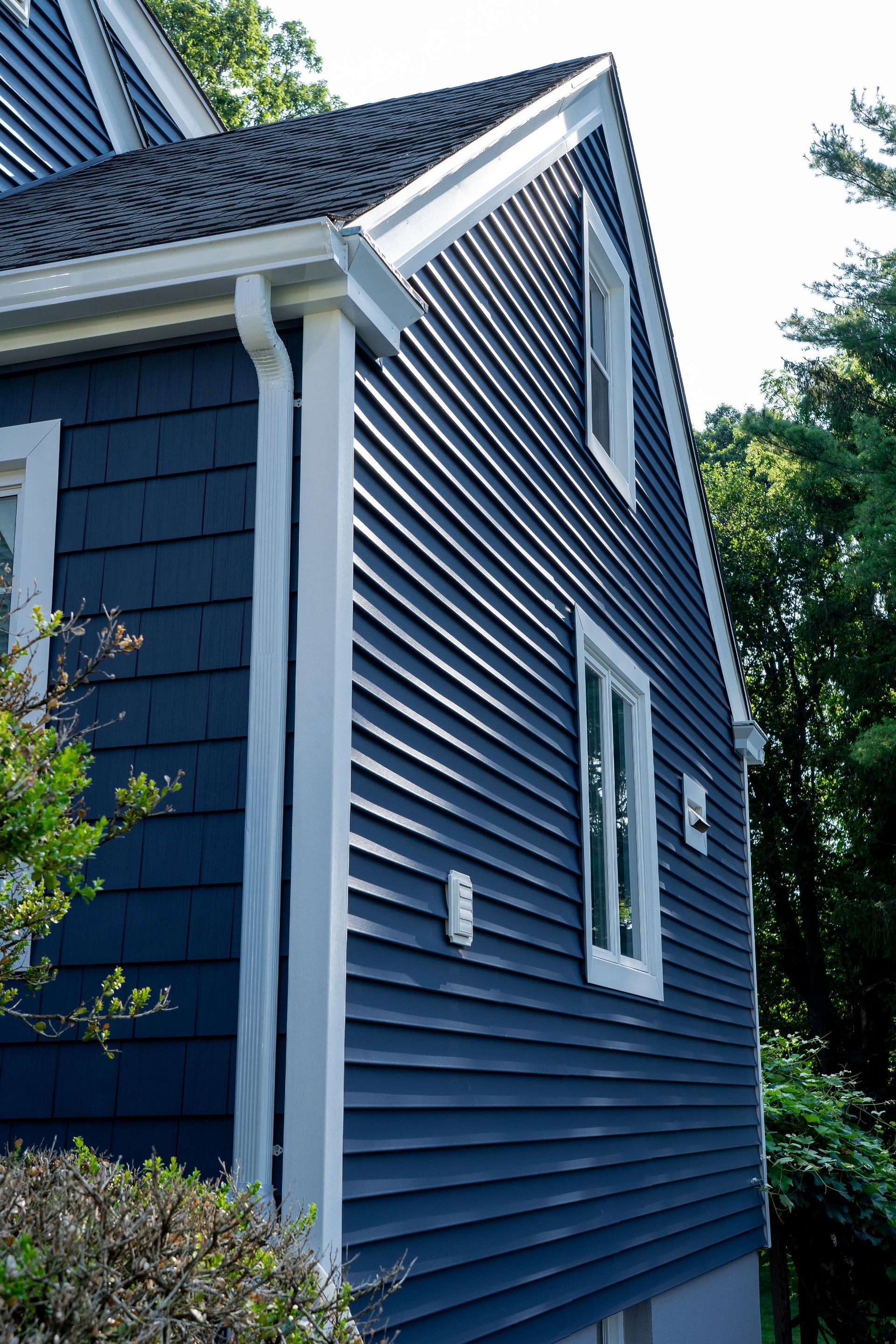 Blue-sided house with white trim and windows. Dark roof, surrounded by greenery.