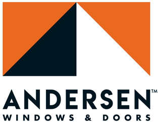 Logo for Andersen Windows & Doors: abstract geometric design in orange, white, and dark blue, with company name below.