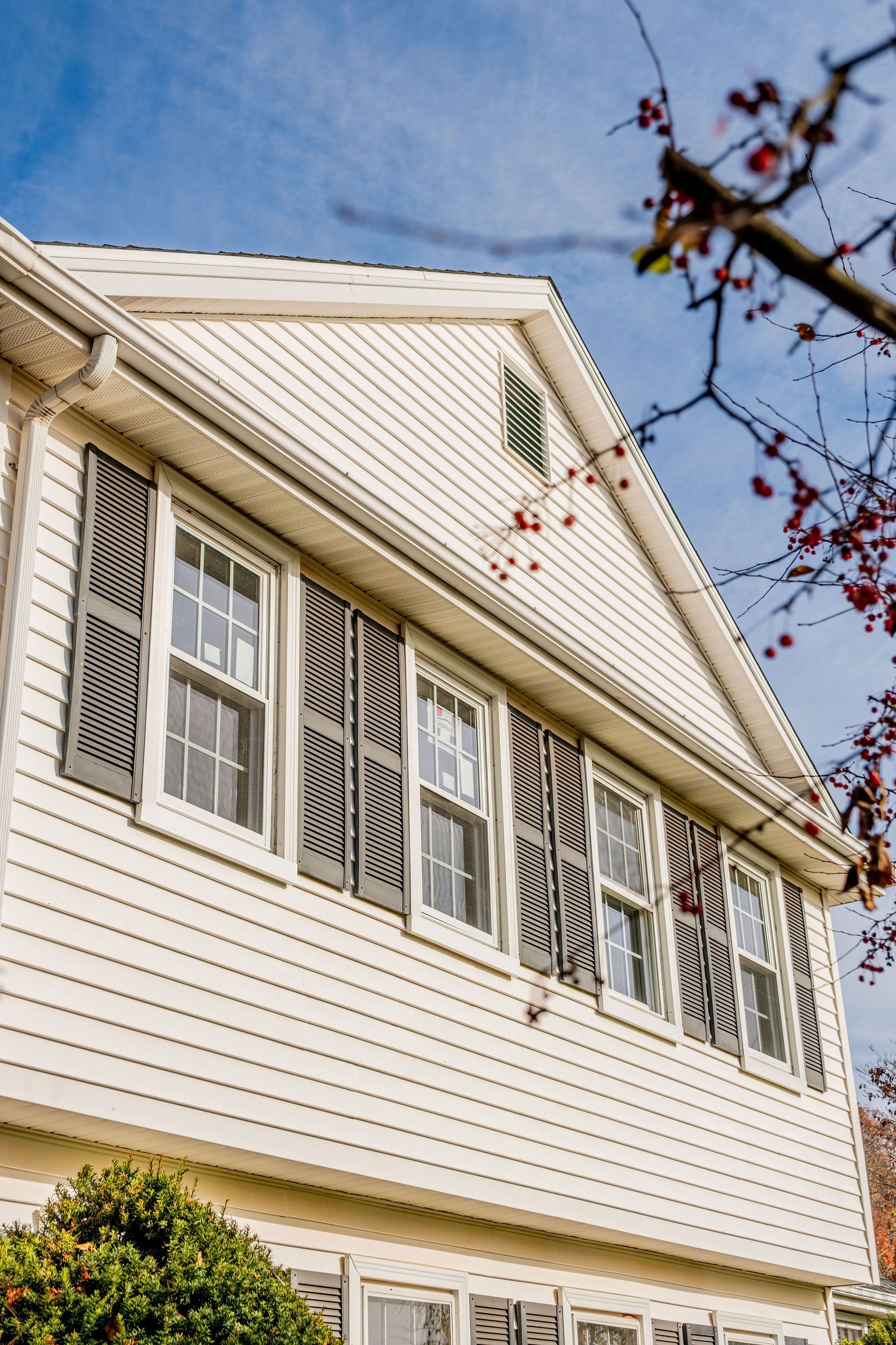 Side view of a white house with dark shutters, blue sky, and a branch with red berries.