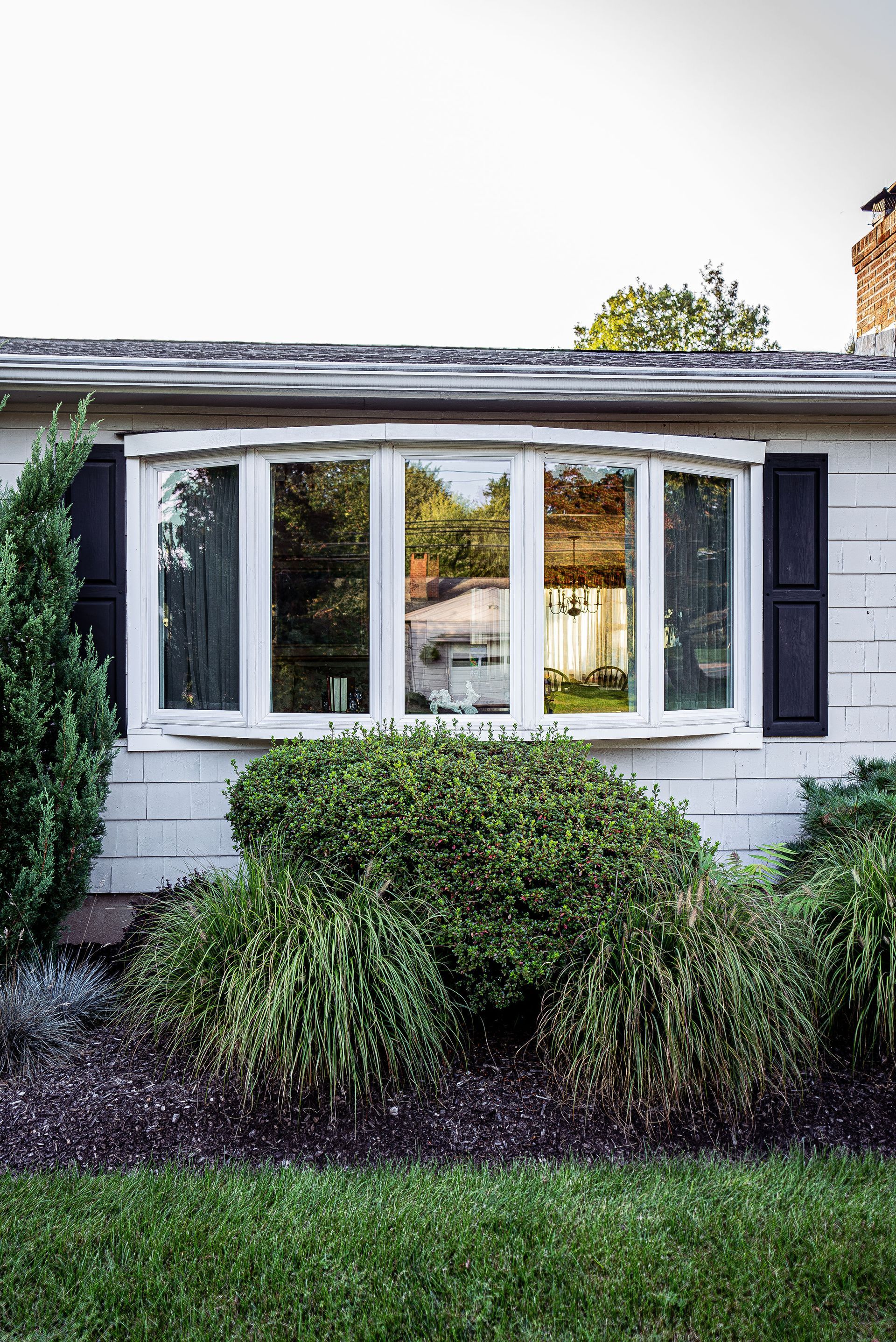 Bay window on a white house, surrounded by bushes and shrubs. Black shutters flank the window.