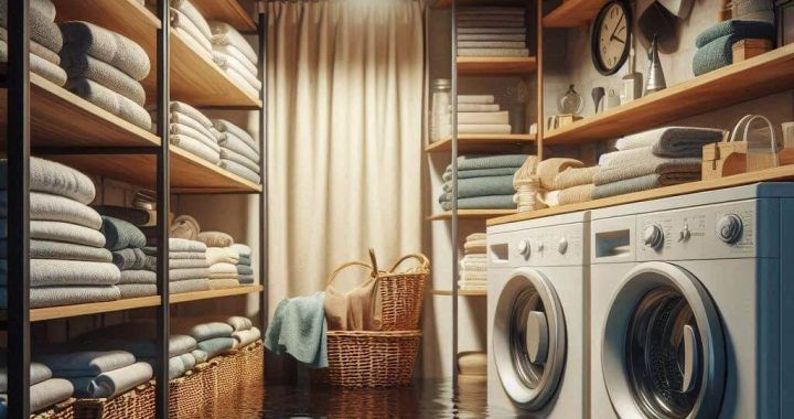 A laundry room filled with lots of towels and a washer and dryer.