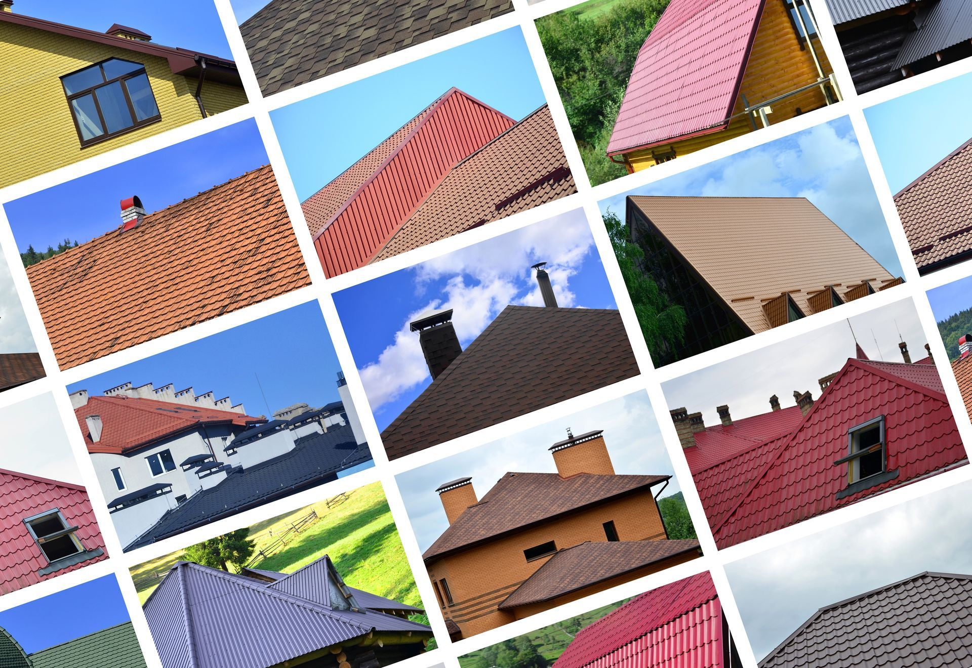 Collage of colorful house roofs on sunny day, showing red, brown, blue, and gray rooftops at different angles