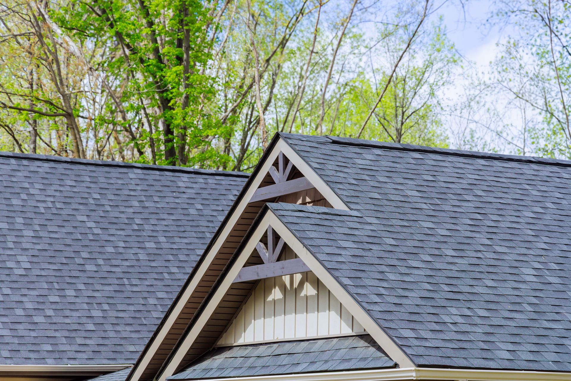 Dark shingled rooftops with triangular gables against leafy trees and sky