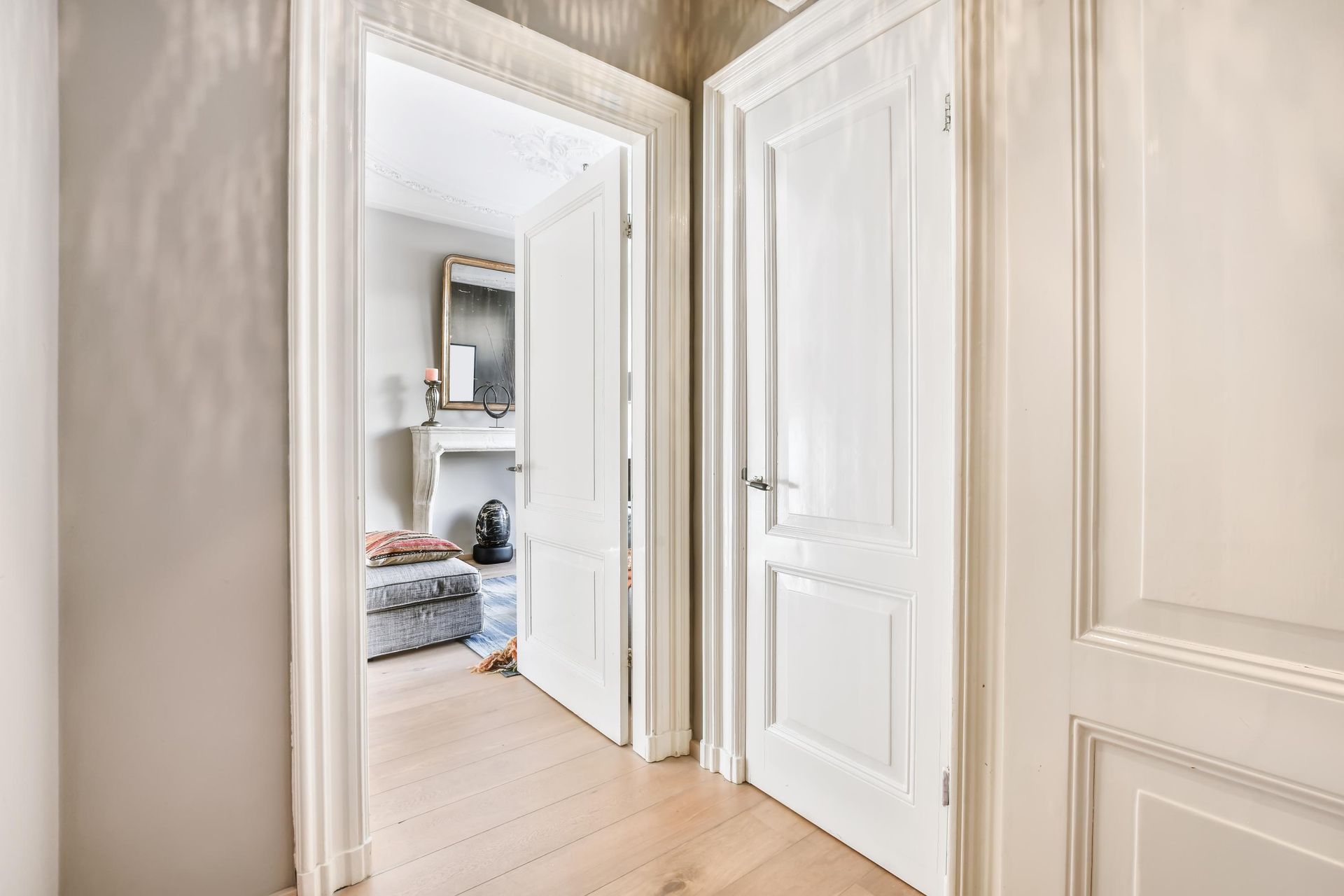 A hallway with two interior doors leading to a living room.