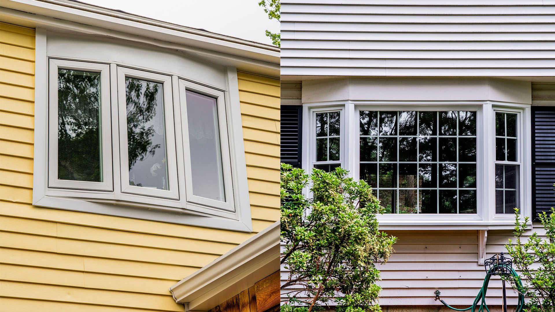 Two bay windows, one on yellow siding, one on white siding, both with white frames.