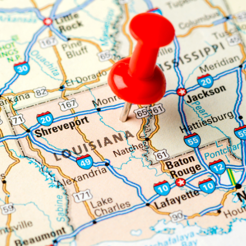 A map of louisiana with a red pin on it