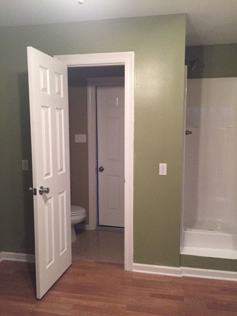 A bathroom with green walls and a white door
