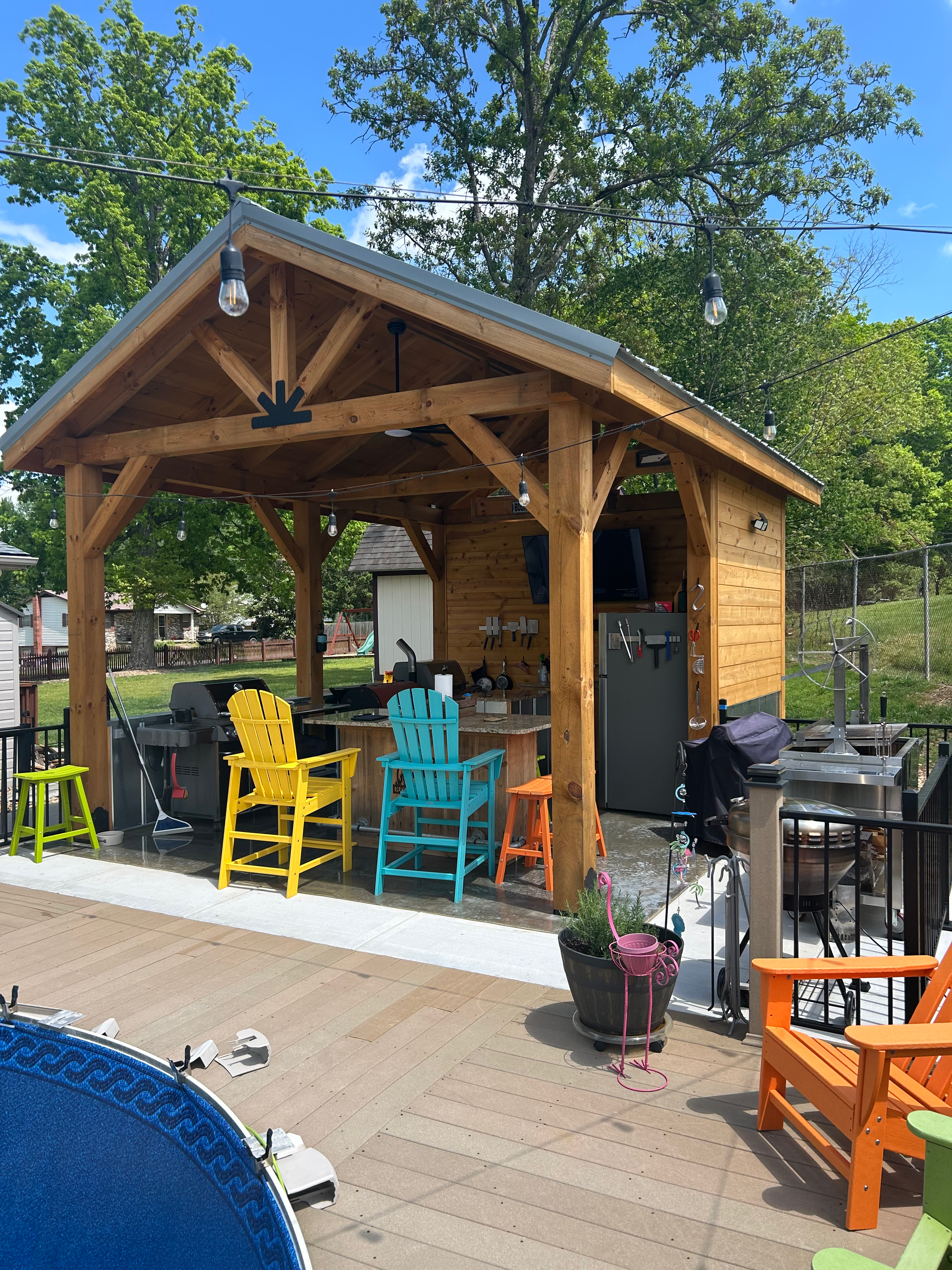 Wooden Gazebo With Chairs & Grill
