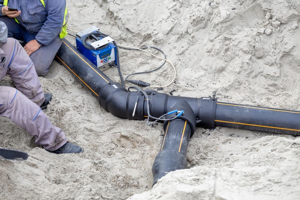 Two Men Are Working on a Pipe in the Sand — Subat Plumbing Services in Kurri Kurri, NSW
