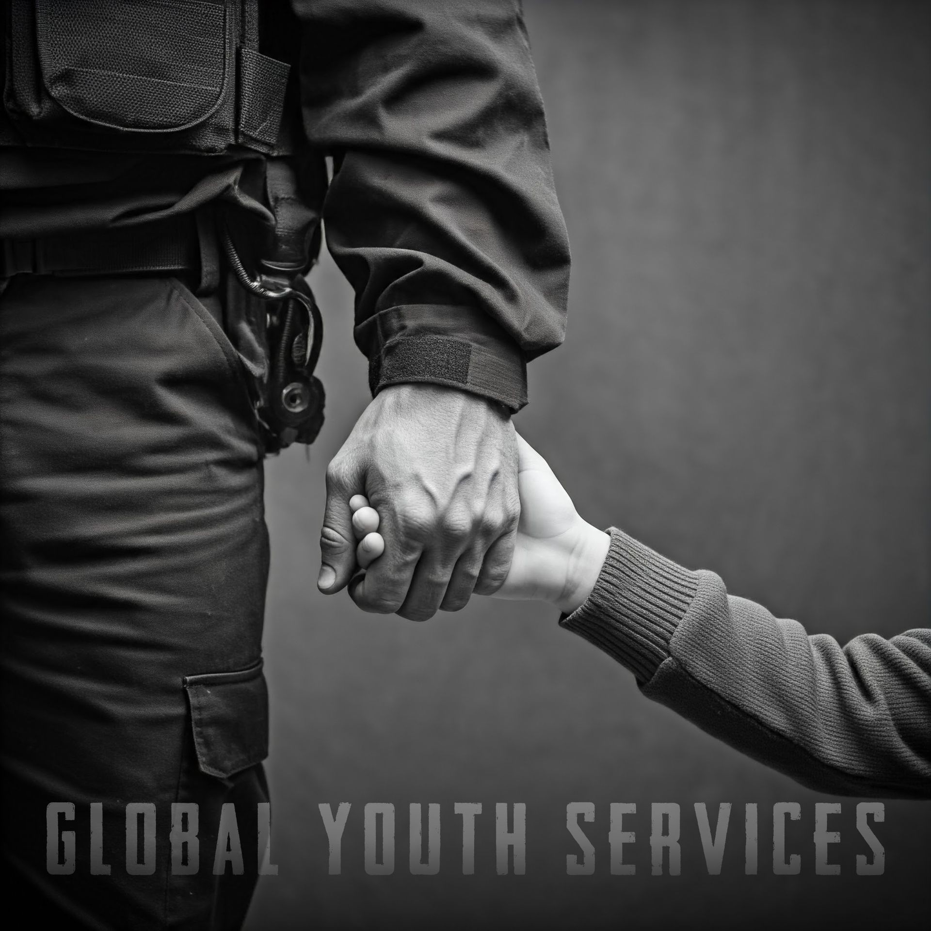 A black and white photo of a man holding a child 's hand with the words global youth services on the bottom