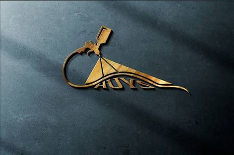 Golden logo with a spray gun over a pyramid, "HUYS" text. Dark background.