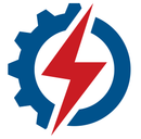 Blue gear with a red lightning bolt inside a white circle logo