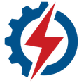 Blue gear encircling a red lightning bolt on a white background