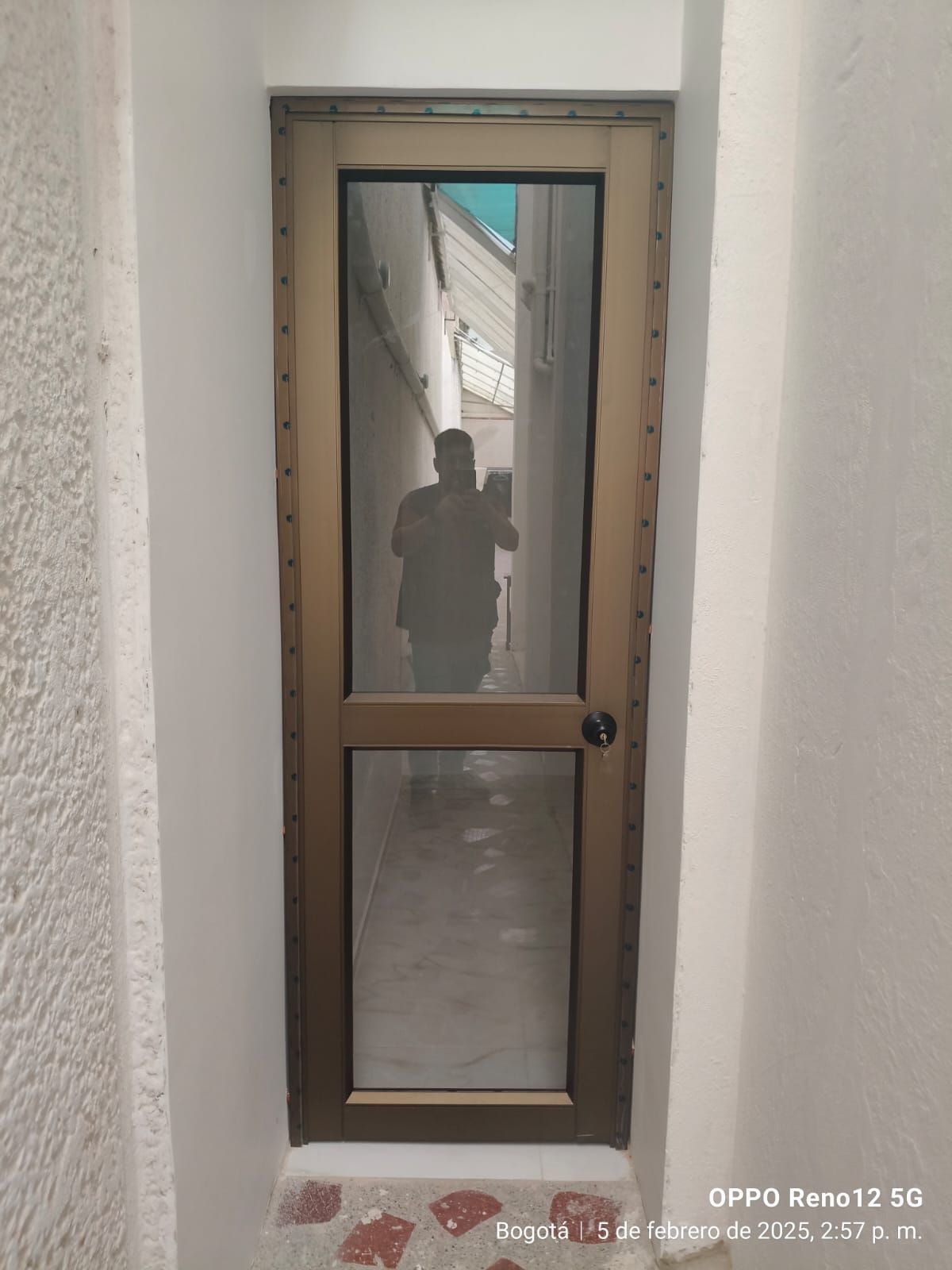 Puerta de bronce con mampara en un pasillo estrecho, con una persona reflejada en el cristal.