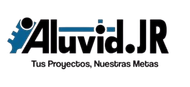 Logotipo de Aluvid.JR con letras negras, gráfico azul y texto 