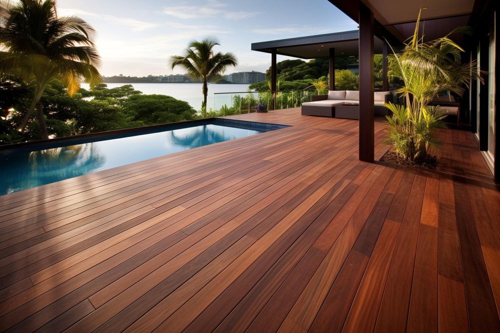 Terraço à beira da piscina com tábuas de madeira, piscina e vista para o mar; palmeiras, assentos modernos.