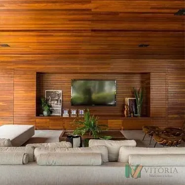 Sala de estar com painéis de madeira, TV, sofá e plantas.