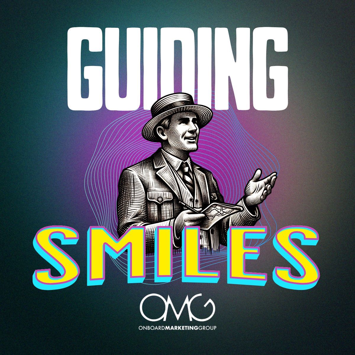 Graphic that says Guiding Smiles, showing a vintage illustration of a tour guide