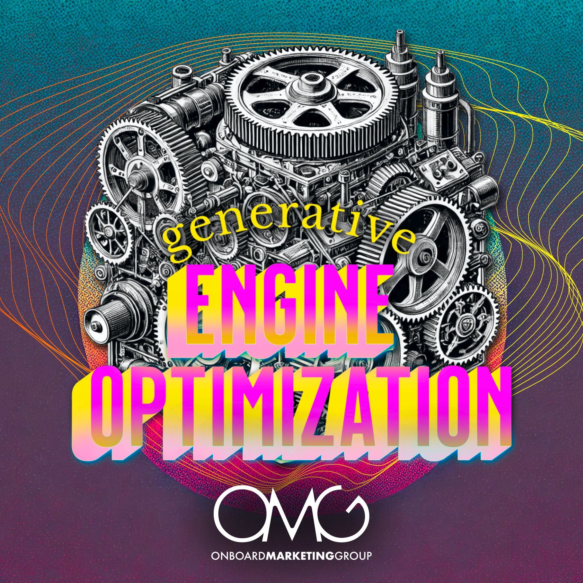 A poster for a company called omg that says generative engine optimization