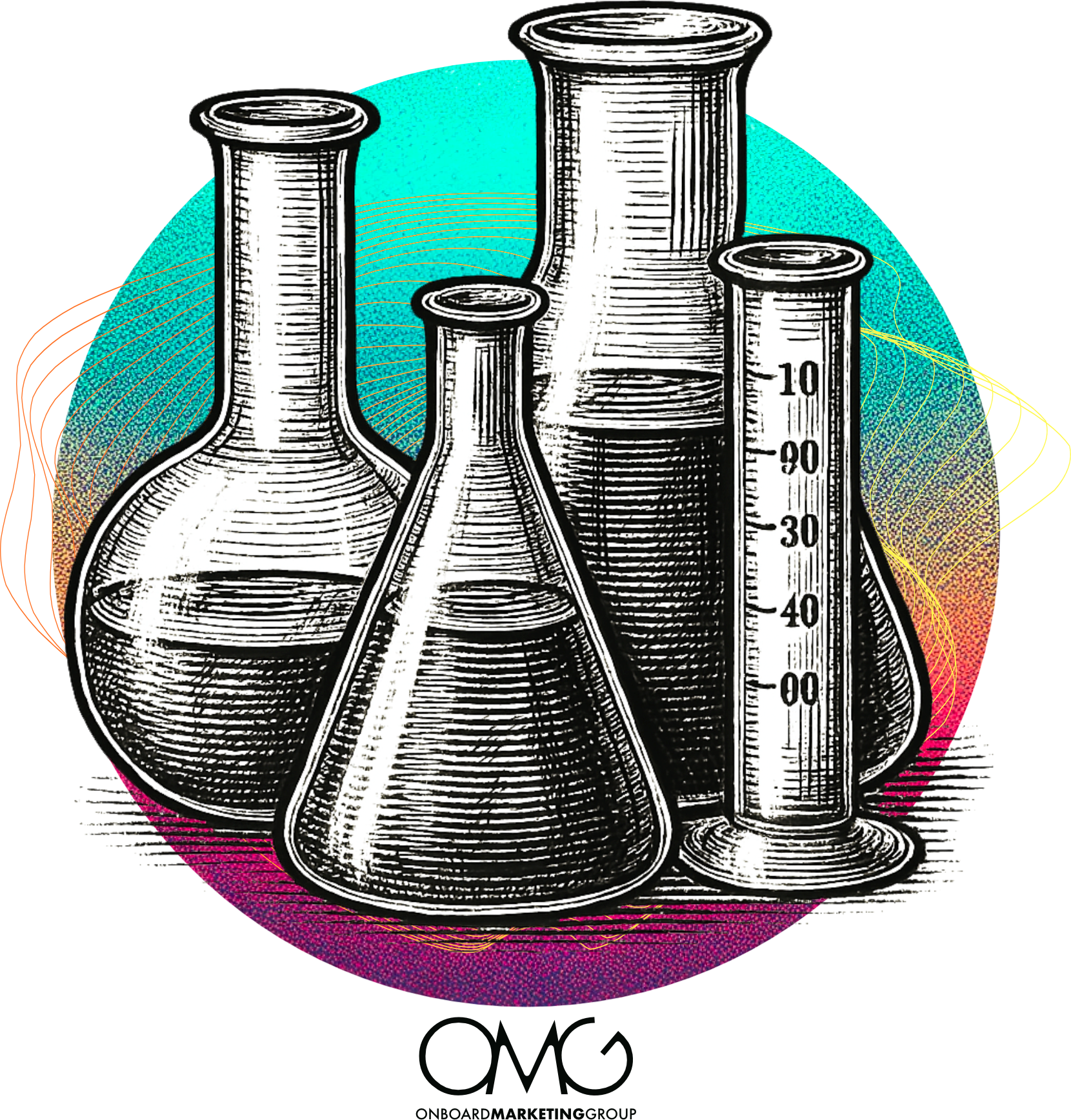 A group of beakers filled with liquid are sitting next to each other in a circle.
