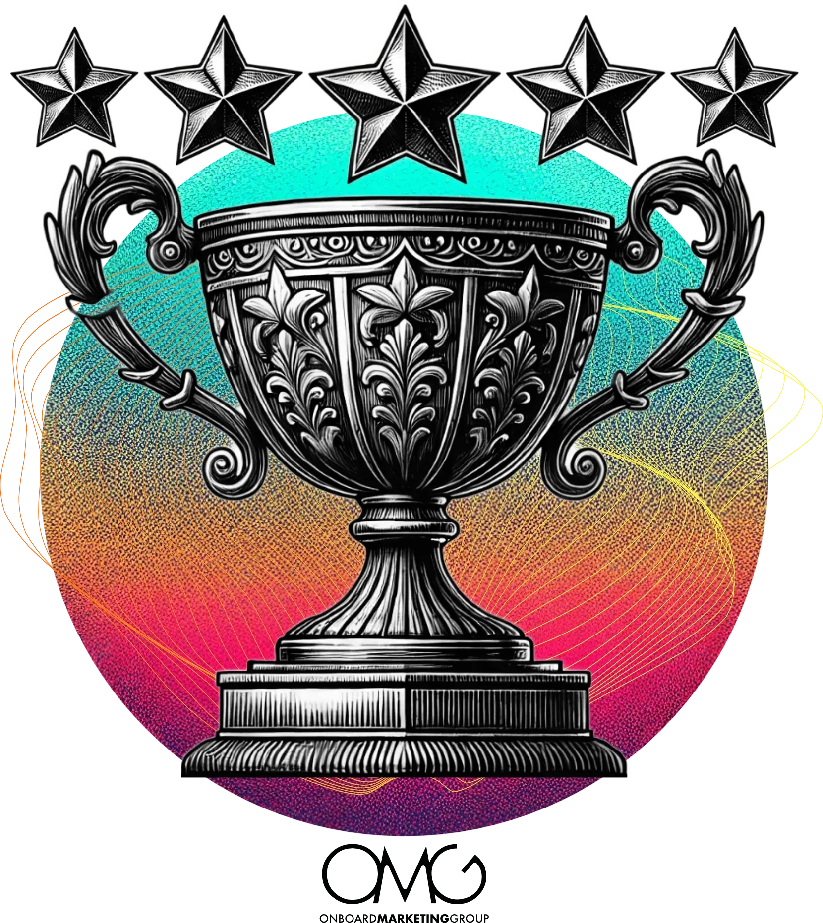 A black and white drawing of a trophy with five stars on it.