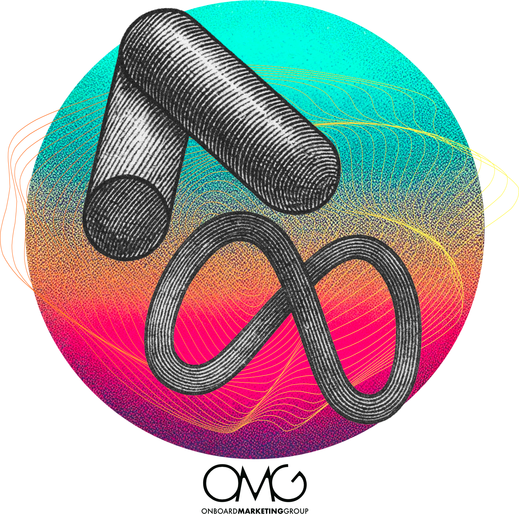 Abstract graphic: Bent cylinder and infinity symbol over a gradient background (teal, orange, purple).