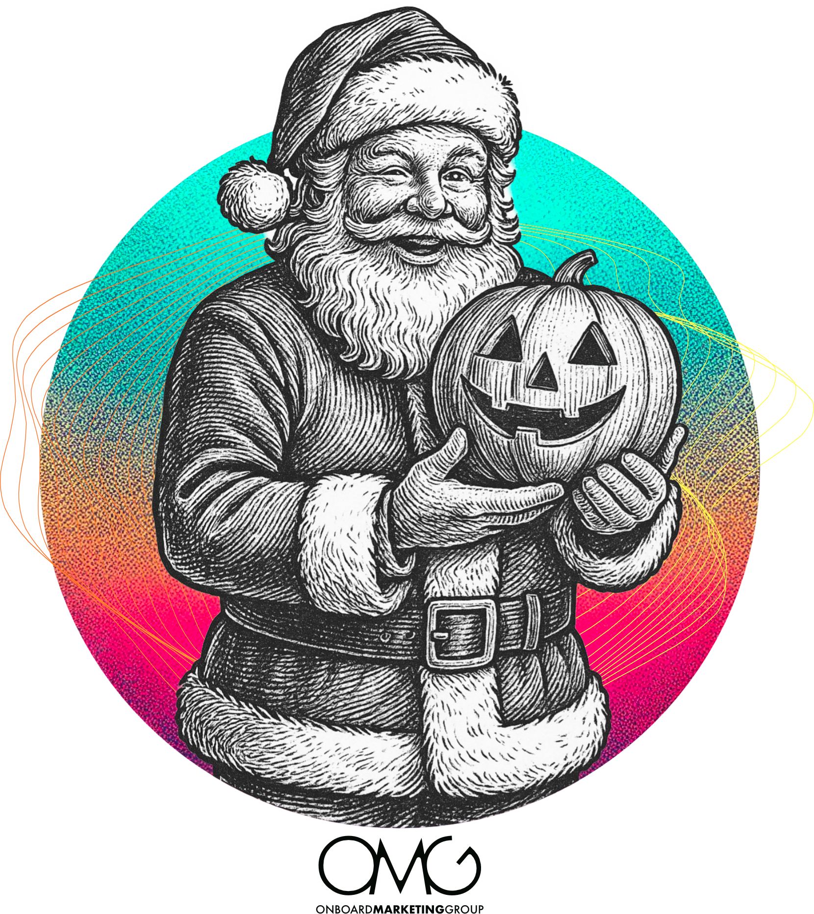 Santa Claus holding a carved pumpkin, smiling. Set against a colorful circular background.