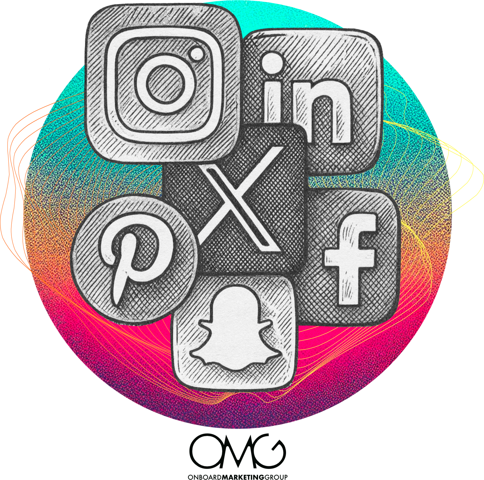 Social media icons for Instagram, LinkedIn, X, Facebook, Pinterest, and Snapchat.