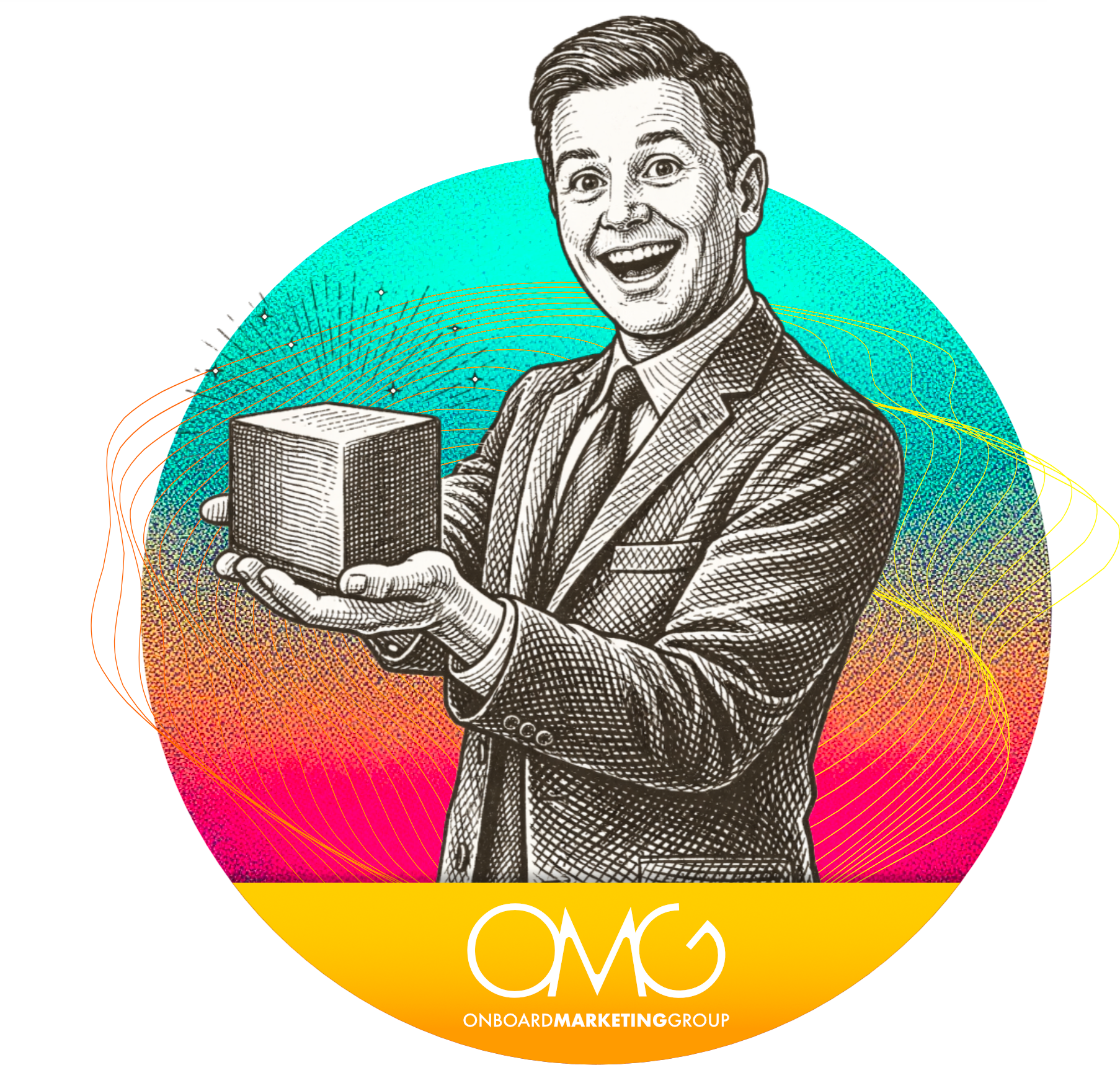 Man holding cube, smiling, over a colorful background. Logo: OMG Online Marketing Group.