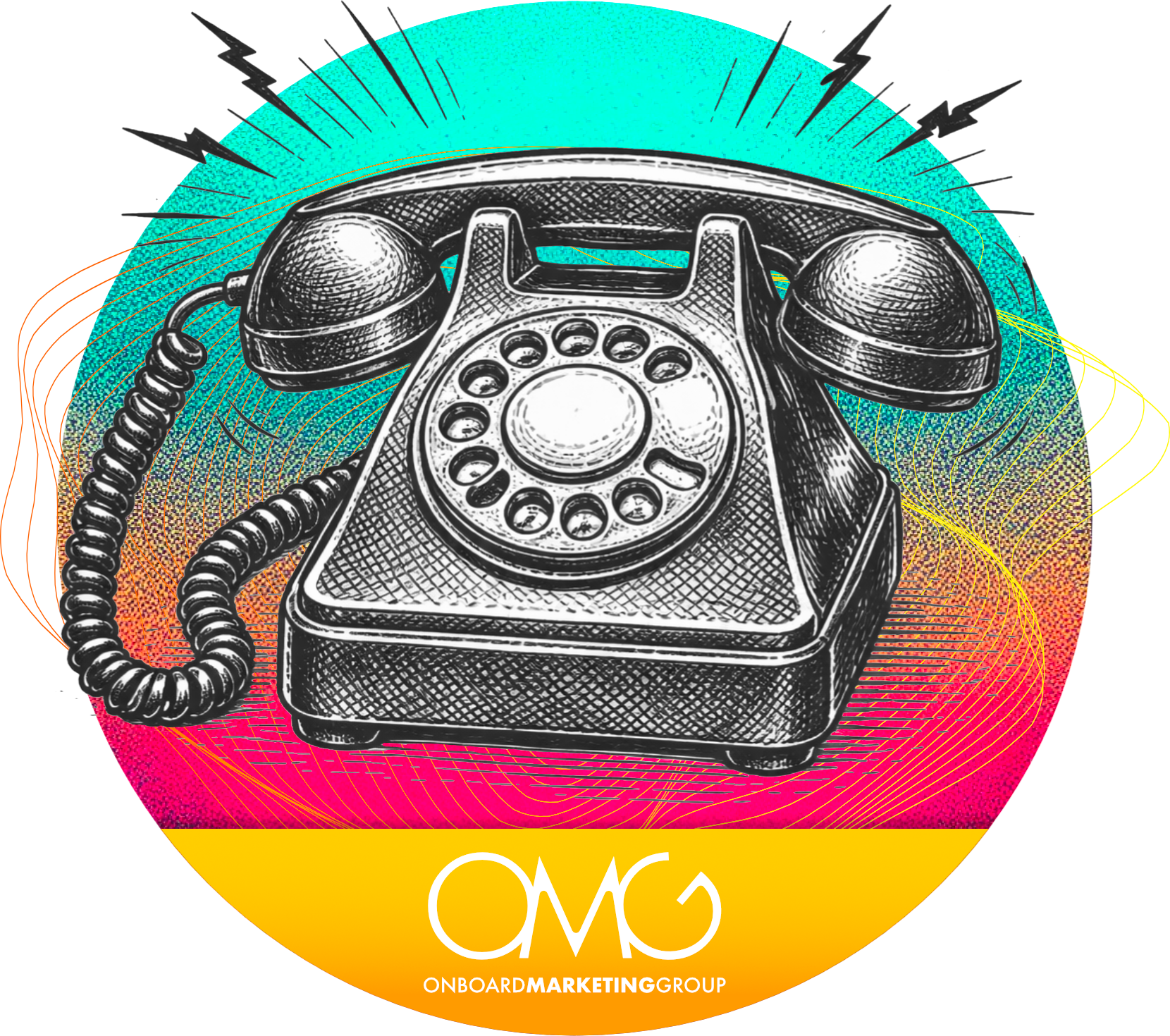 Retro telephone illustration with radiating lines and logo at the bottom.