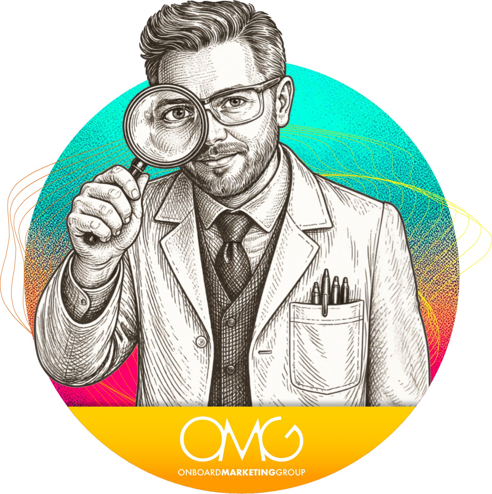 Man with magnifying glass, wearing lab coat, looking at viewer. Set inside a teal and pink circle.