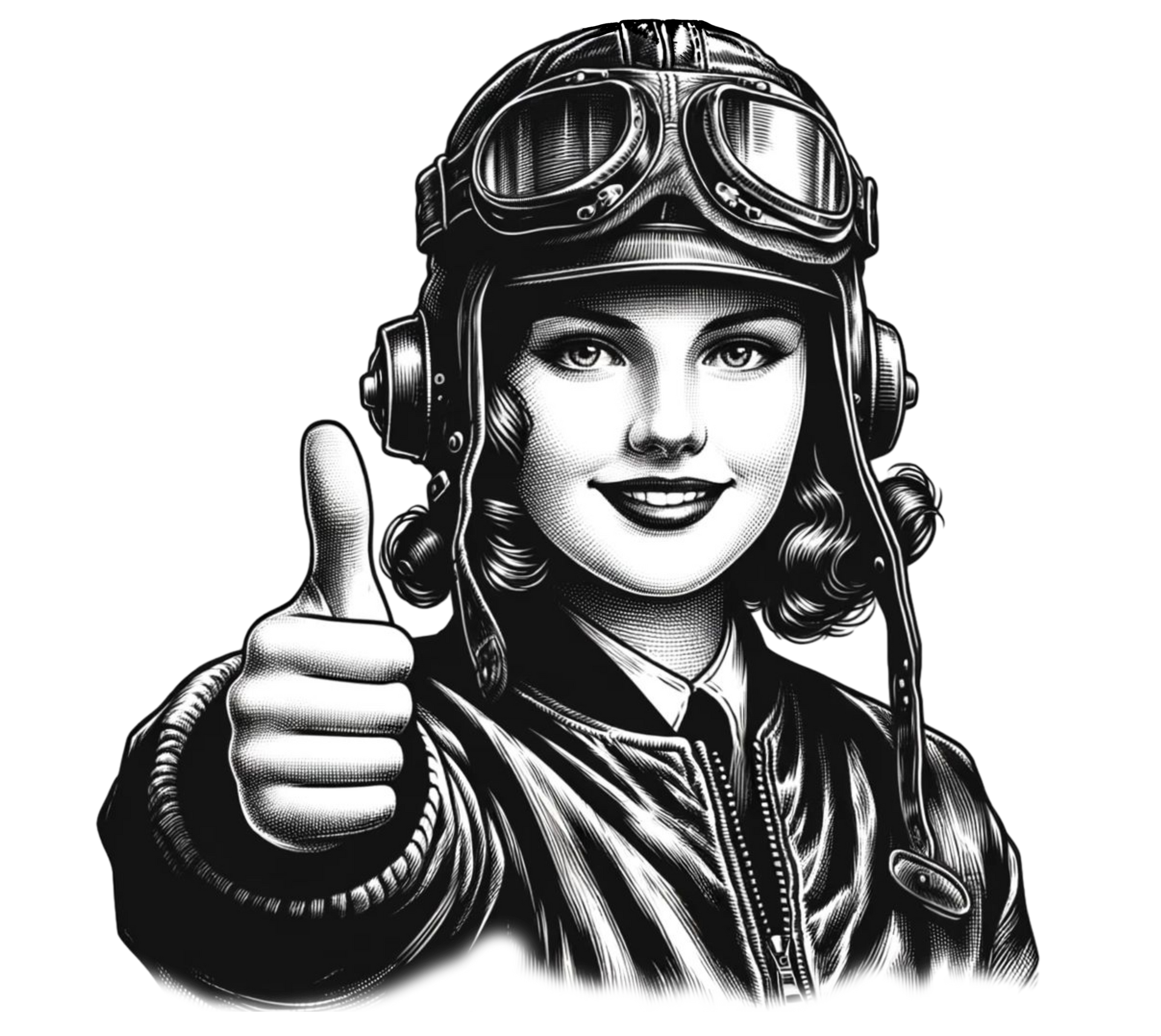 A black and white drawing of a woman wearing a helmet and goggles giving a thumbs up.