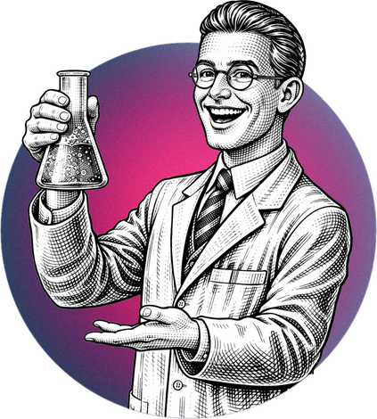 Scientist holding a flask, smiling. Wearing glasses and lab coat, inside a purple circle.