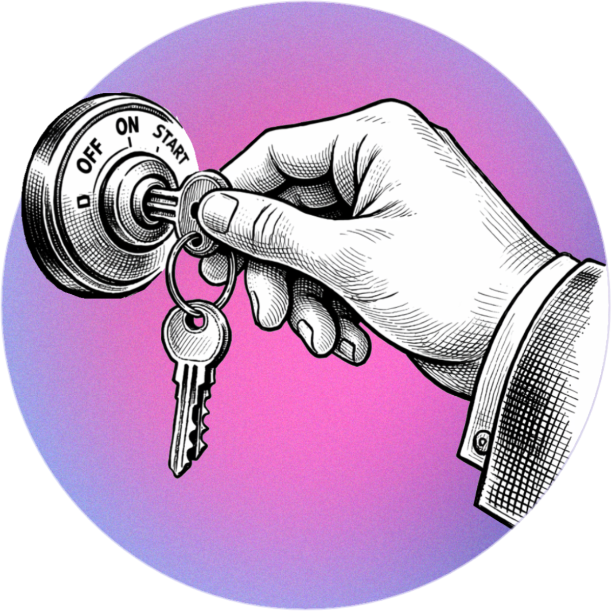 Hand turning a key in a car ignition switch labeled 