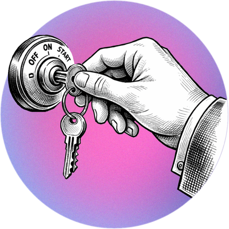 Hand turning a key in a car ignition switch labeled 