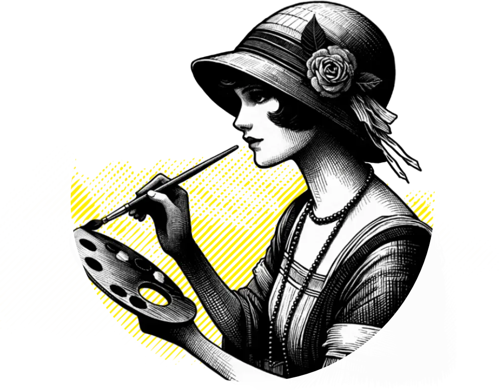 A woman in a hat is holding a palette and a brush.