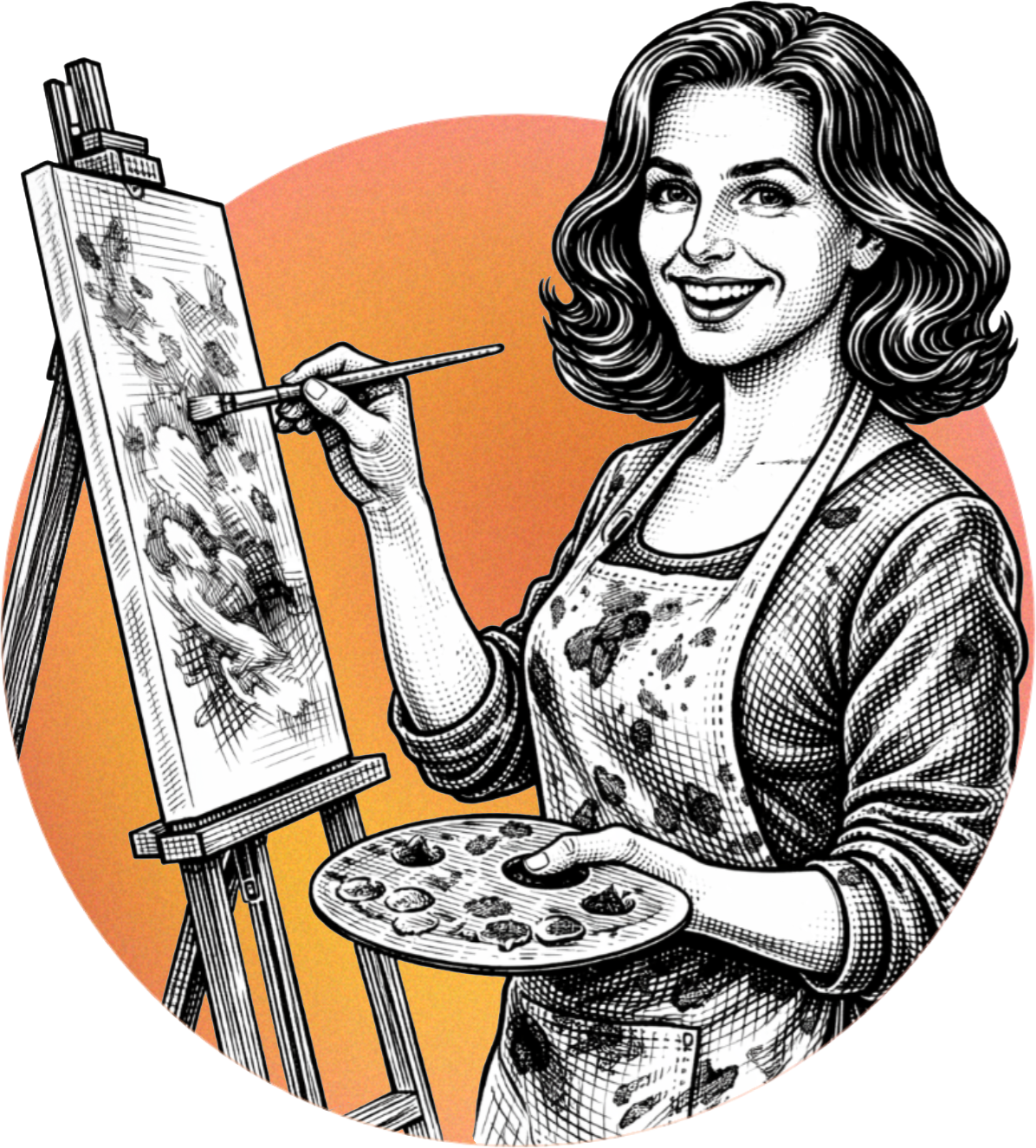 Woman painting at easel, holding brush and palette, wearing a paint-splattered apron.