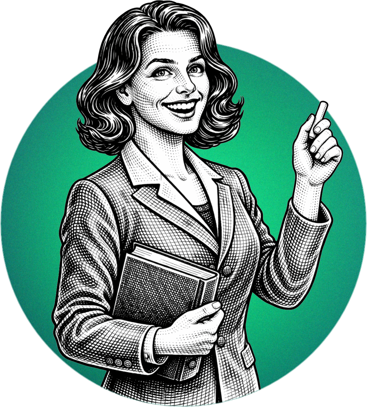 Woman in business suit, holding a book, pointing upward, smiling, inside a green circle.