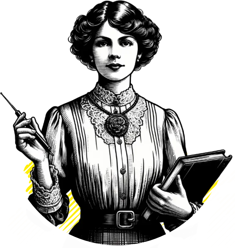 A black and white drawing of a woman holding a book and a pen.